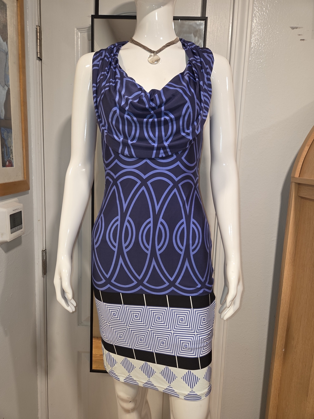 Analili Stunning Navy and Lavender Cowl Neck Geometric Dress